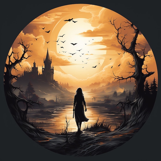 silhouette of witch and flying bat against full moon background