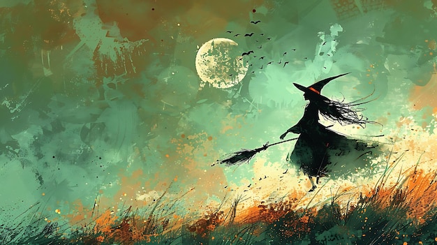 Silhouette of a witch flying on a broomstick under a full moon with bats flying in the sky