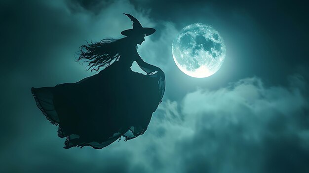 Silhouette of a witch flying on a broomstick under a full moon