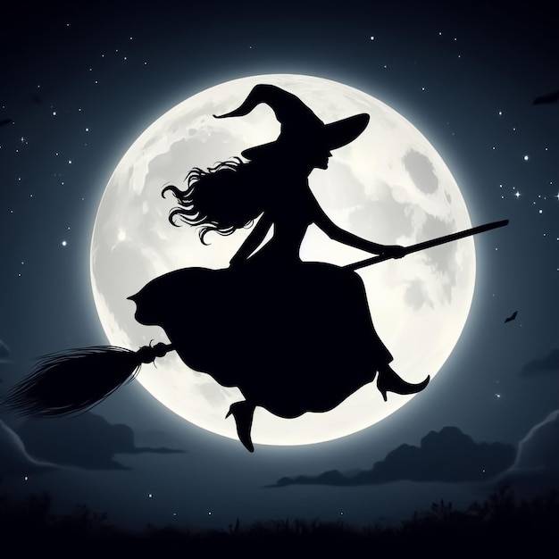 A silhouette of a witch flying on a broomstick at night with a full moon and in the background