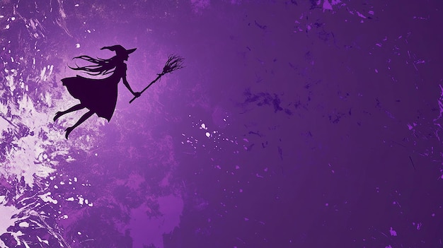 Photo silhouette witch flying on broomstick purple background