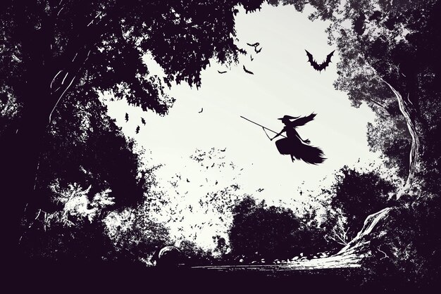 Photo silhouette of witch flying on broomstick with bats in a forest