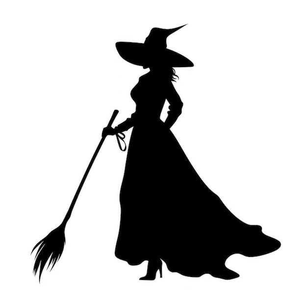 Silhouette of a witch with a broom on a white background