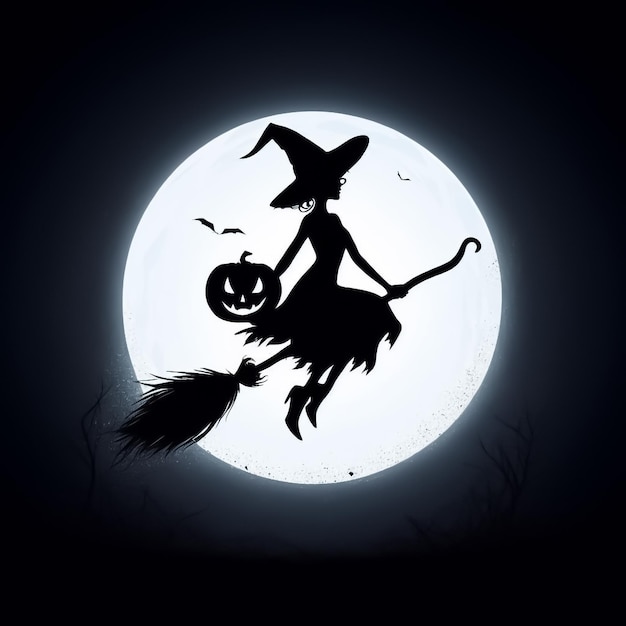 A silhouette of a witch with pumpking flying on a broomstick at night with a full moon and in the background