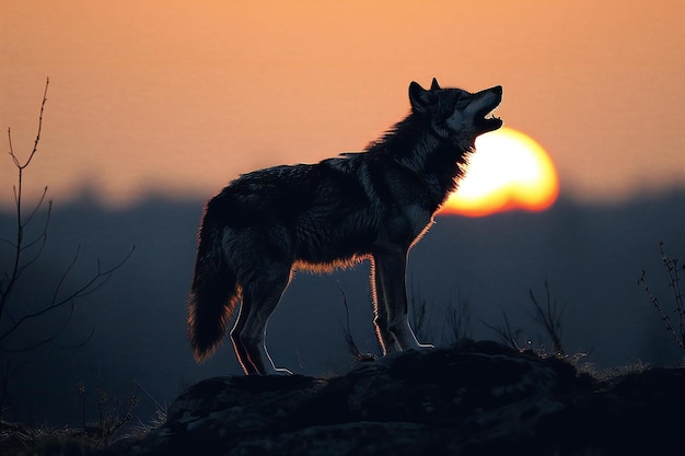 Silhouette of a wolf in front of the setting sun