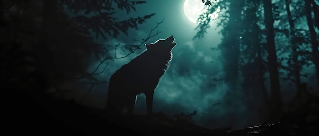 Silhouette of a wolf howling at the moon dark forest background dramatic lighting