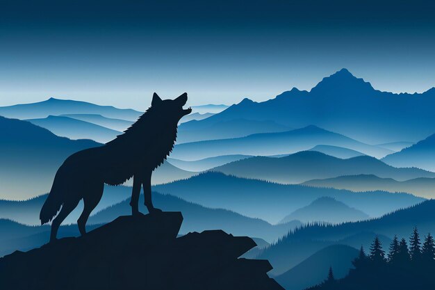 Silhouette of a wolf in the mountains Vector illustration