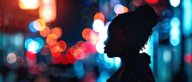 Silhouette of a woman against colorful urban bokeh lights at night