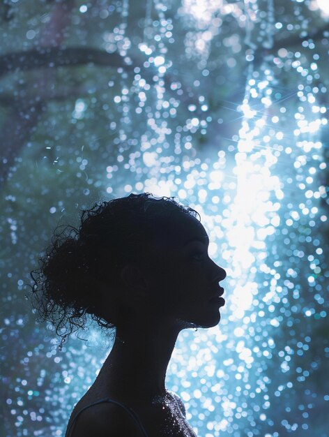 Silhouette of Woman Against Sparkling Waterfall Backdrop