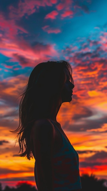 Silhouette of a woman against a stunning sunset sky with vibrant colors painting the background