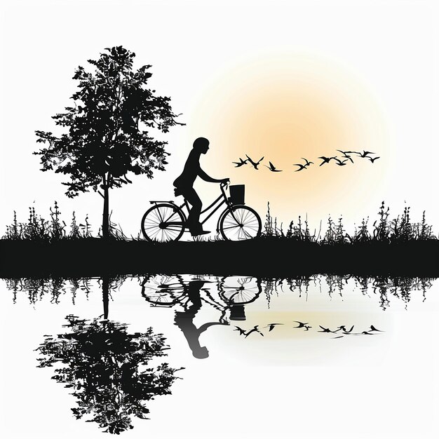 Photo a silhouette of a woman on a bike with birds flying above her