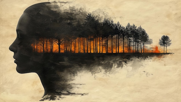 Photo a silhouette of a woman blends with a forest fire landscape during dusk in a surreal artwork