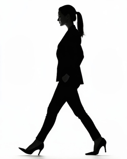 Silhouette of a woman in business attire walking confidently on a white background