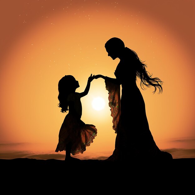 Photo a silhouette of a woman and a child with the sun behind them