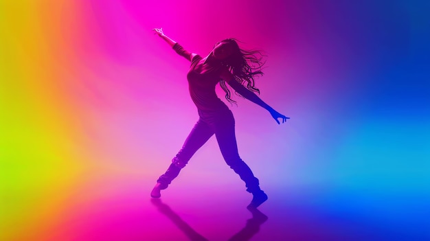 A silhouette of a woman dancing against a vibrant rainbow background