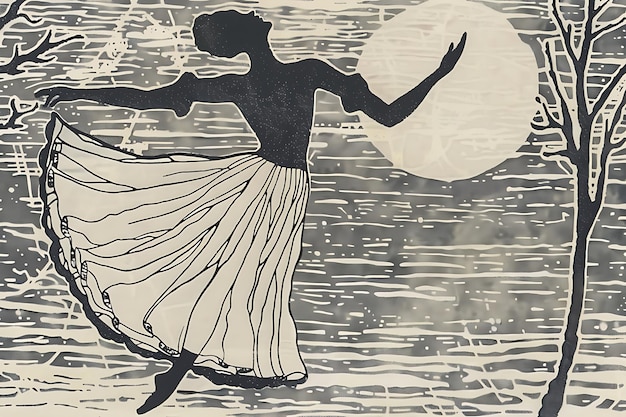 Silhouette of a Woman Dancing Under a Full Moon in a Forest