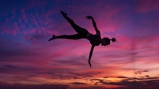 Photo silhouette of a woman doing a backflip at sunset a silhouette of a woman doing a backflip aga