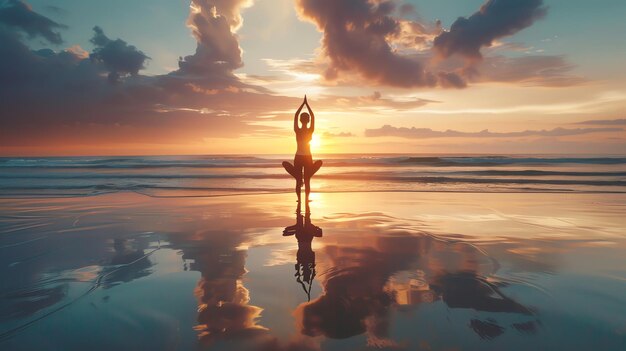 Silhouette of a woman doing yoga on the beach at sunset