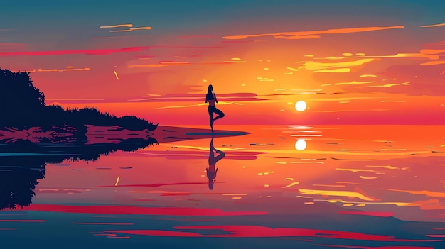 Photo silhouette of a woman doing yoga on a beach at sunset