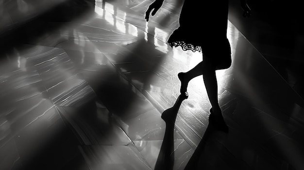 Photo a silhouette of a woman in a dress dancing on a floor with beams of light