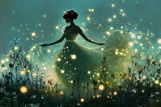 Photo a silhouette of a woman in a flowing dress surrounded by glowing lights in a field