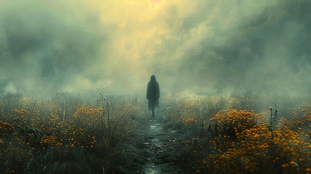 a silhouette of a woman in the fog