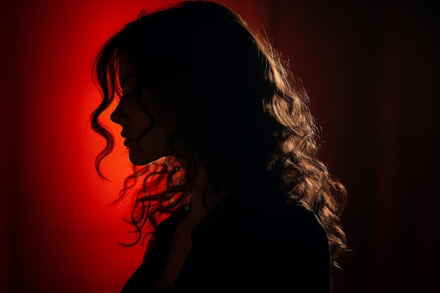 the silhouette of a woman in front of a red light