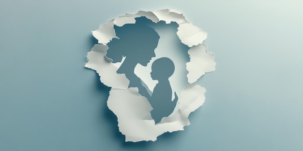 Silhouette of a woman holding a child in pastel colors with torn paper edges representing loss