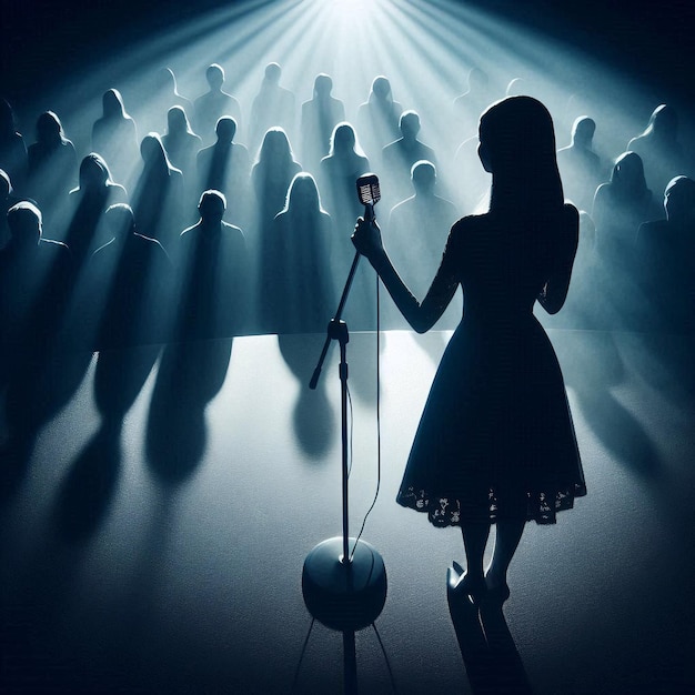 A silhouette of woman is singing into a microphone with a crowd of people