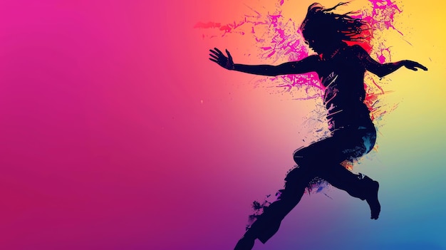 Silhouette of a woman jumping against a colorful background with paint splatters