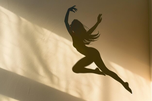 Photo the silhouette of a woman leaping and dancing cast against a wall illuminated by the sun