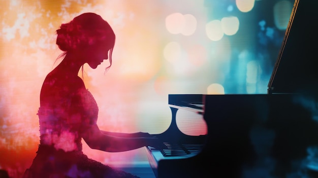 Photo silhouette of a woman playing piano