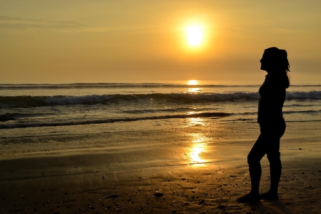 Silhouette of a woman posing sensually on the shore of a beach at sunset The golden hour