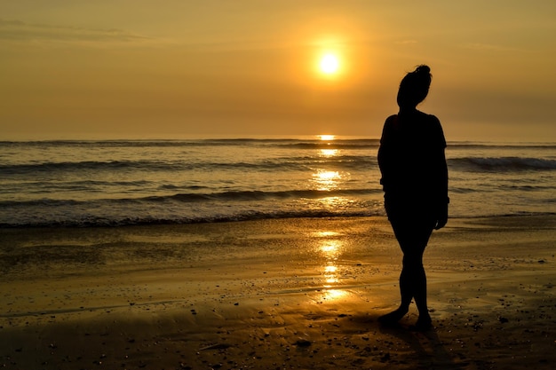 Silhouette of a woman posing sensually on the shore of a beach at sunset The golden hour