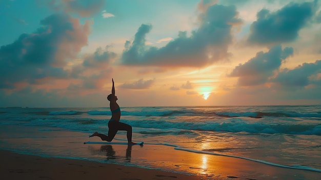 Silhouette of a woman practicing yoga on a beach at sunset