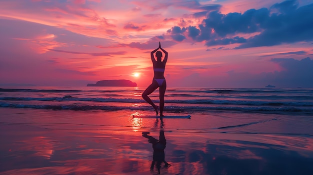 Silhouette of a woman practicing yoga on the beach at sunset