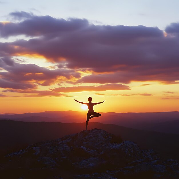 Photo silhouette of a woman practicing yoga at sunset on a mountaintop