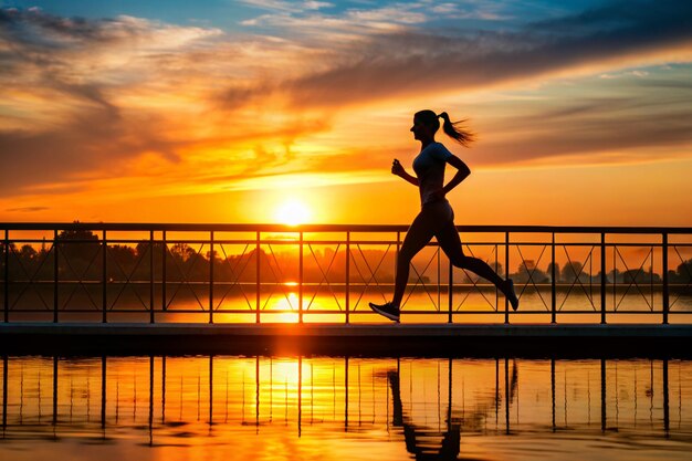 silhouette woman running across the bridge at lake