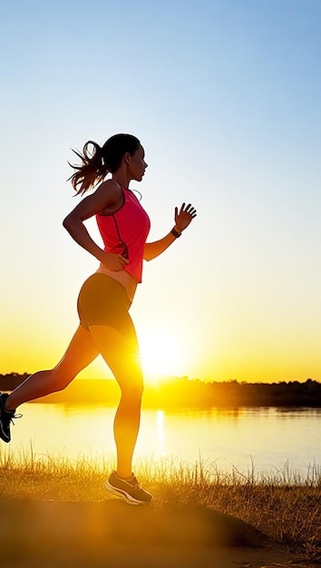 Silhouette woman running alone at beautiful sunset in the park AI generated