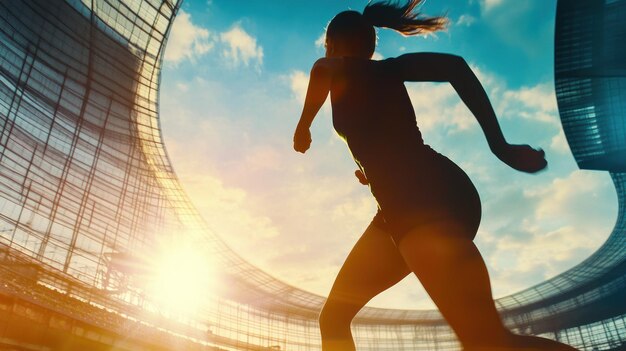 Photo silhouette of a woman running in a stadium at sunset