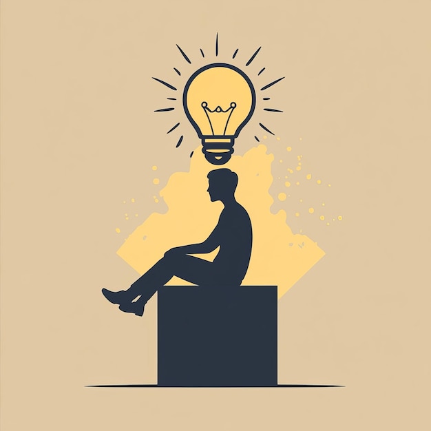 Silhouette of a woman sitting on a cube with a lightbulb Vector illustration