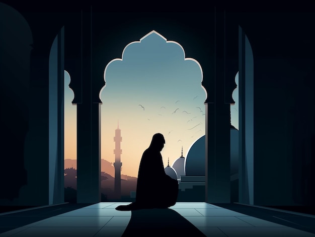 A silhouette of a woman sitting in a doorway with a mosque in the background