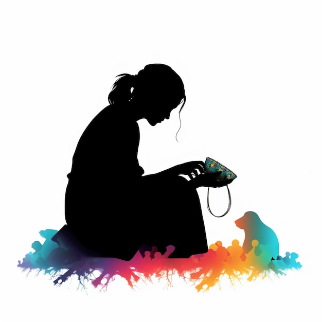 silhouette of a woman sitting on the ground with a bird and a phone generative ai