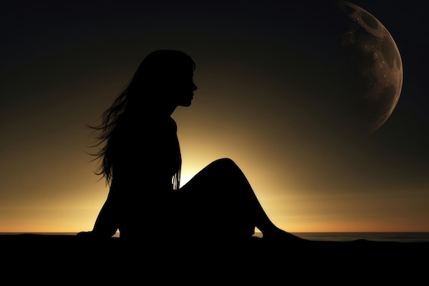 The Silhouette Of Woman Sitting On Month