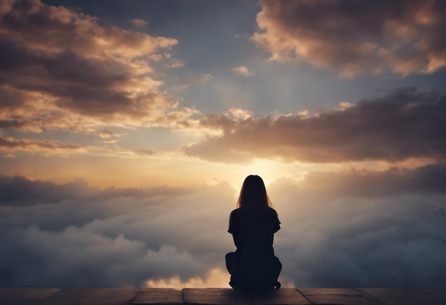 Silhouette of a woman sitting on the top of the mountain and looking at the sunset