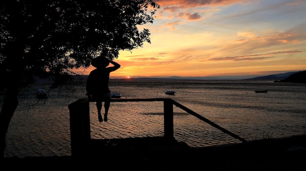 Silhouette woman standing by sea against sky during sunset