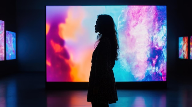 Photo silhouette of a woman standing in front of a colorful abstract artwork