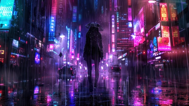 Photo silhouette woman standing looking nighttime cyberpunk city background wallpaper ai generated image