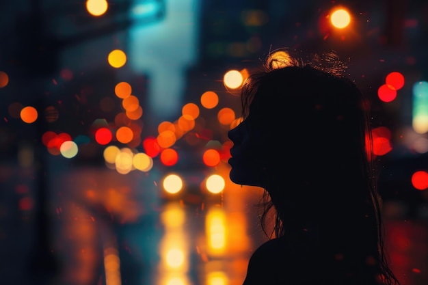 Photo a silhouette of a woman stands against a backdrop of blurred city lights at night