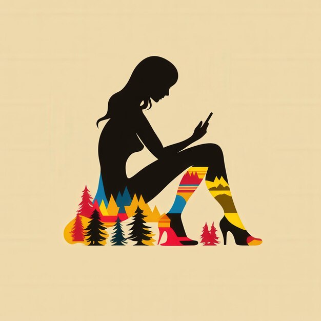 Photo silhouette of a woman surrounded by colorful trees while engaged with a mobile device